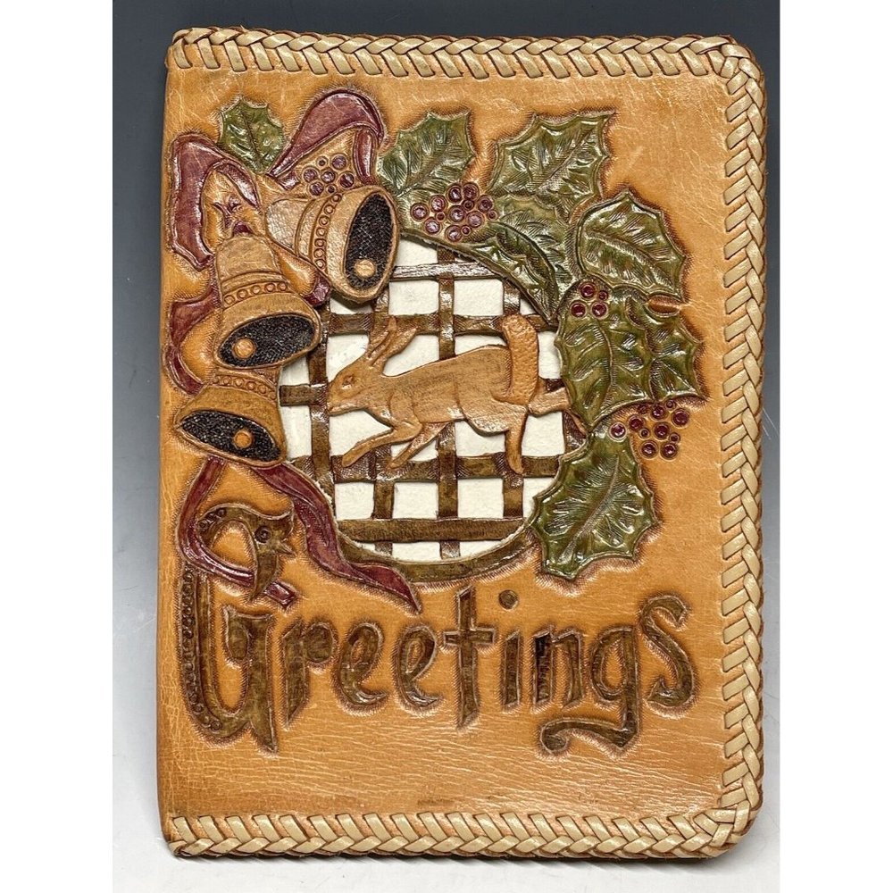 Antique - Vintage Hand Tooled Polychrome Leather Christmas Greeting Card Rabbit